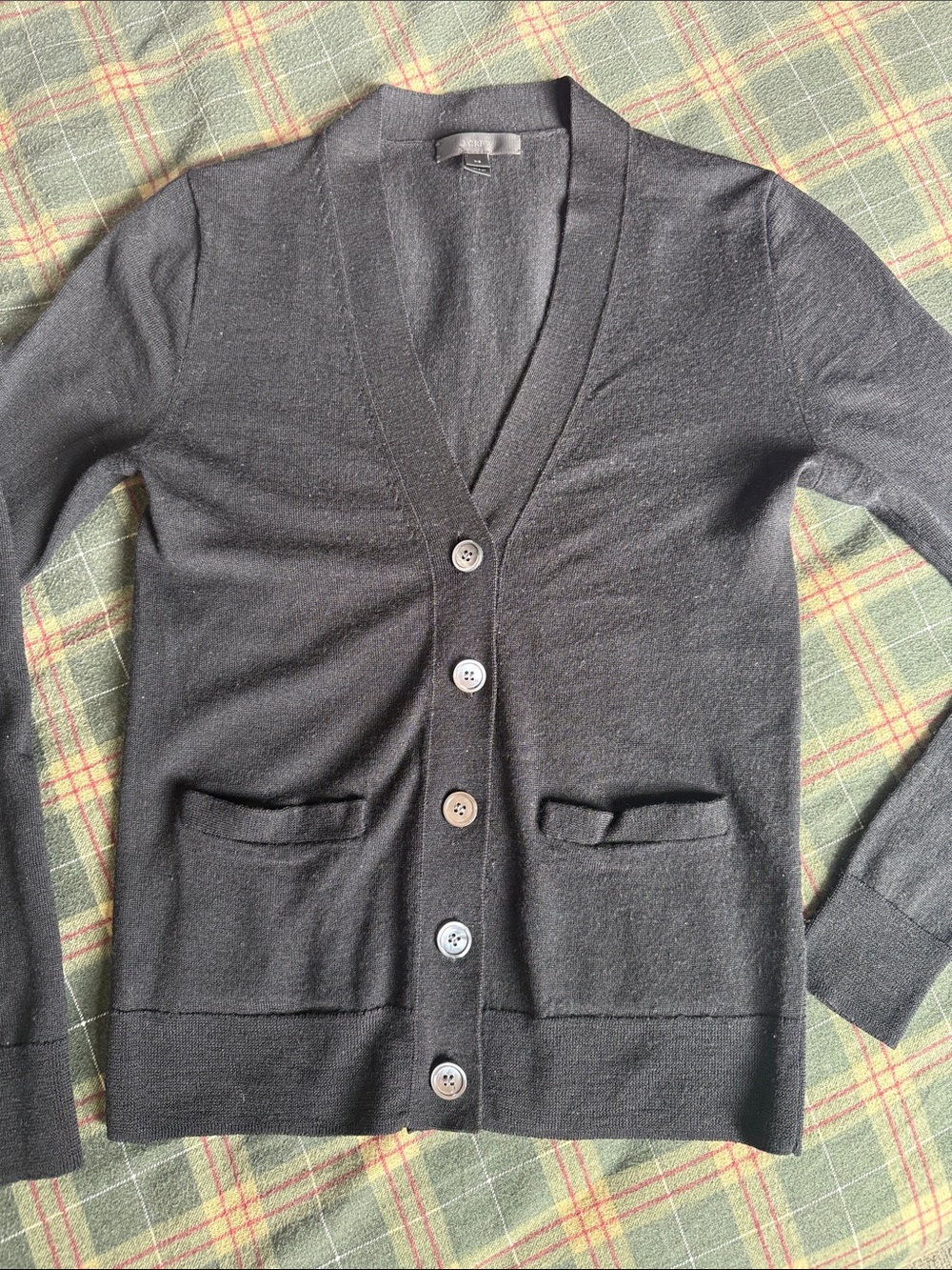 J. Crew 100% Merino Wool V-Neck Lightweight Cardigan with Pockets in Black